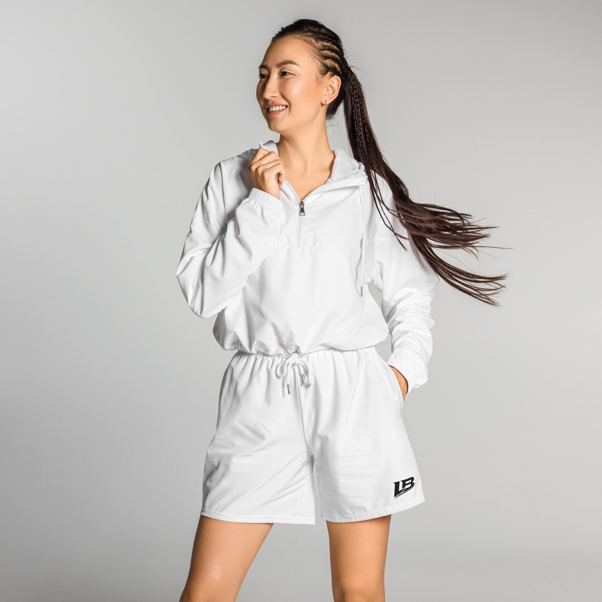 Short de sport streetwear unisexe LB blanc, vue de face detaillee