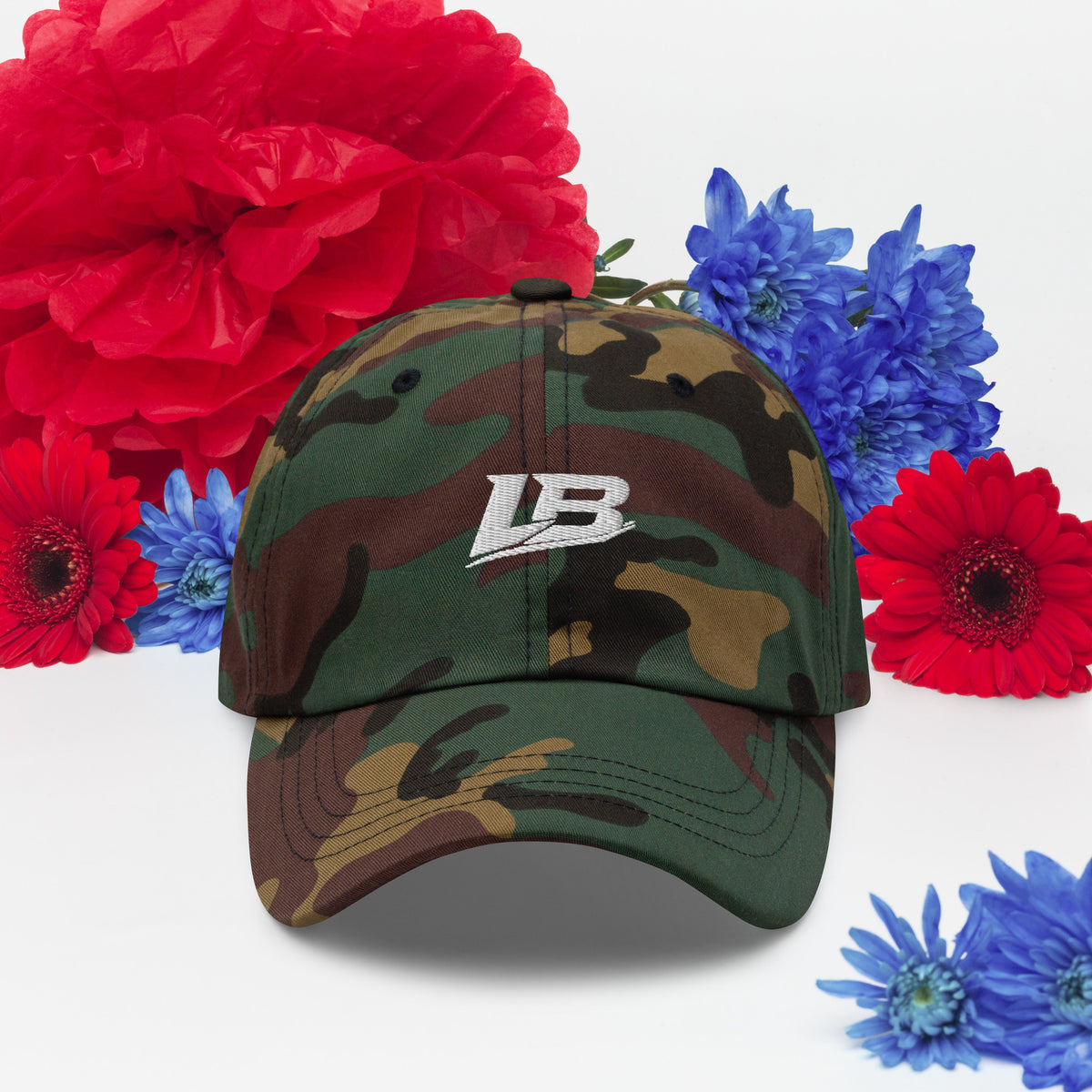 Casquette dad hat unisexe streetwear LB coloris green camo, vue de face