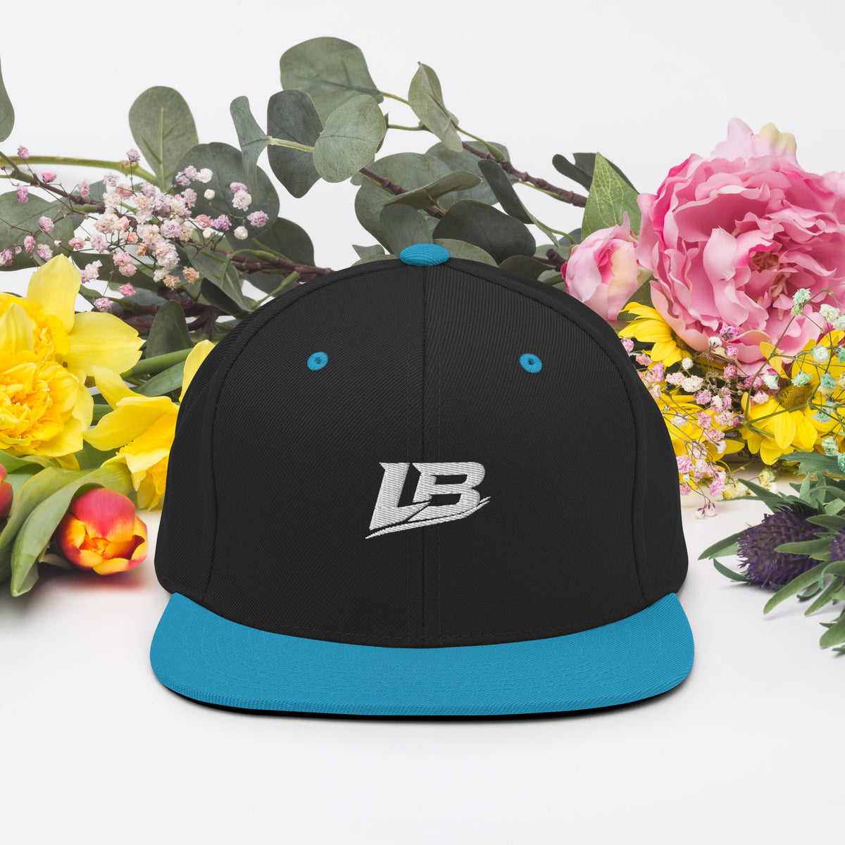 Casquette snapback unisexe streetwear LB coloris black teal, vue de face