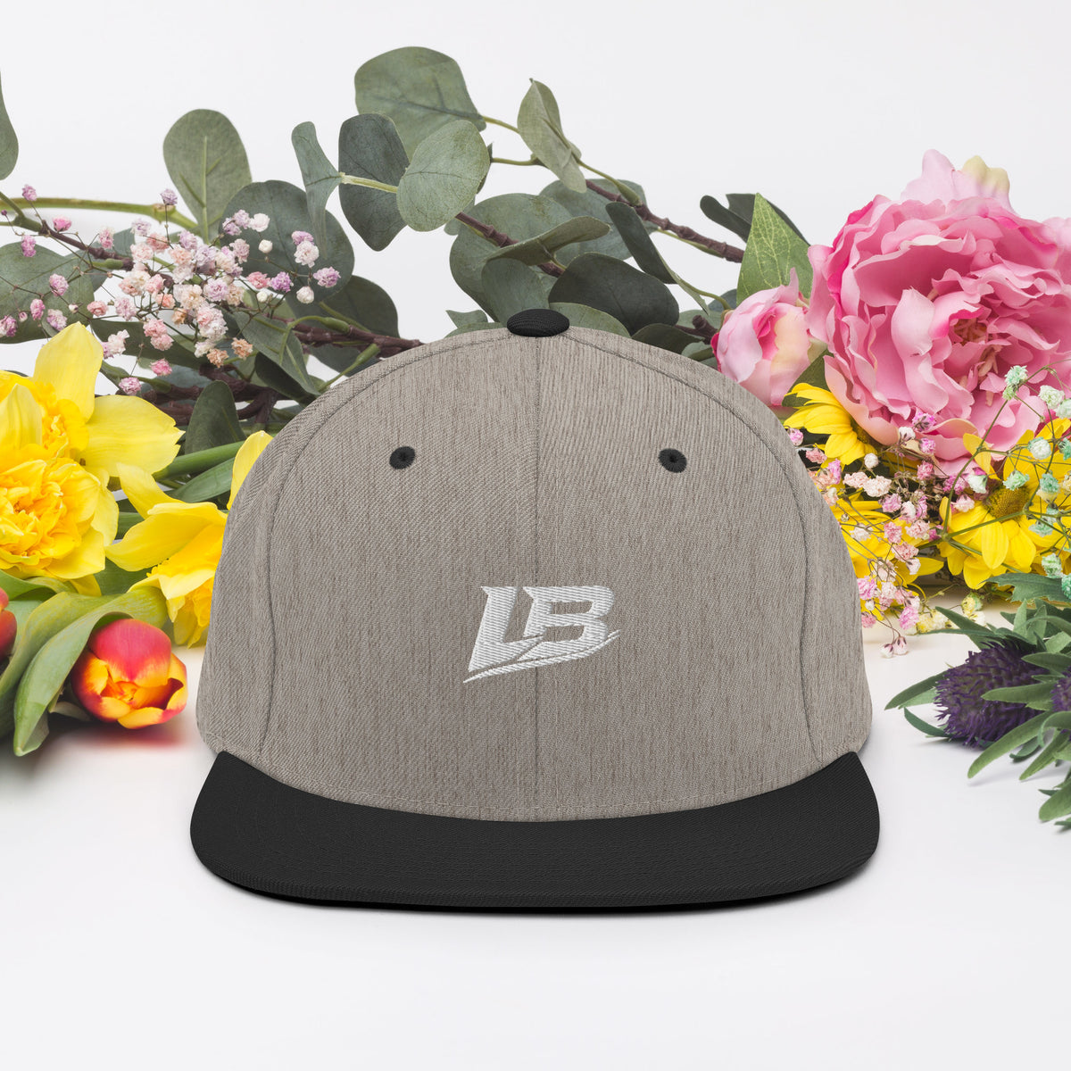 Casquette snapback unisexe streetwear LB coloris heather black, vue de face