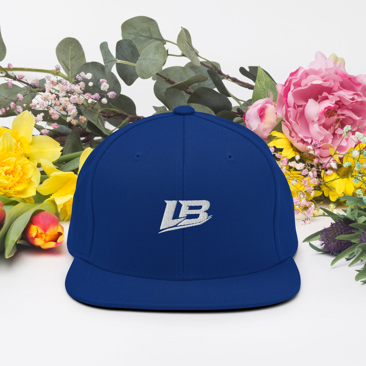 Casquette snapback unisexe streetwear LB coloris royal blue, vue de face