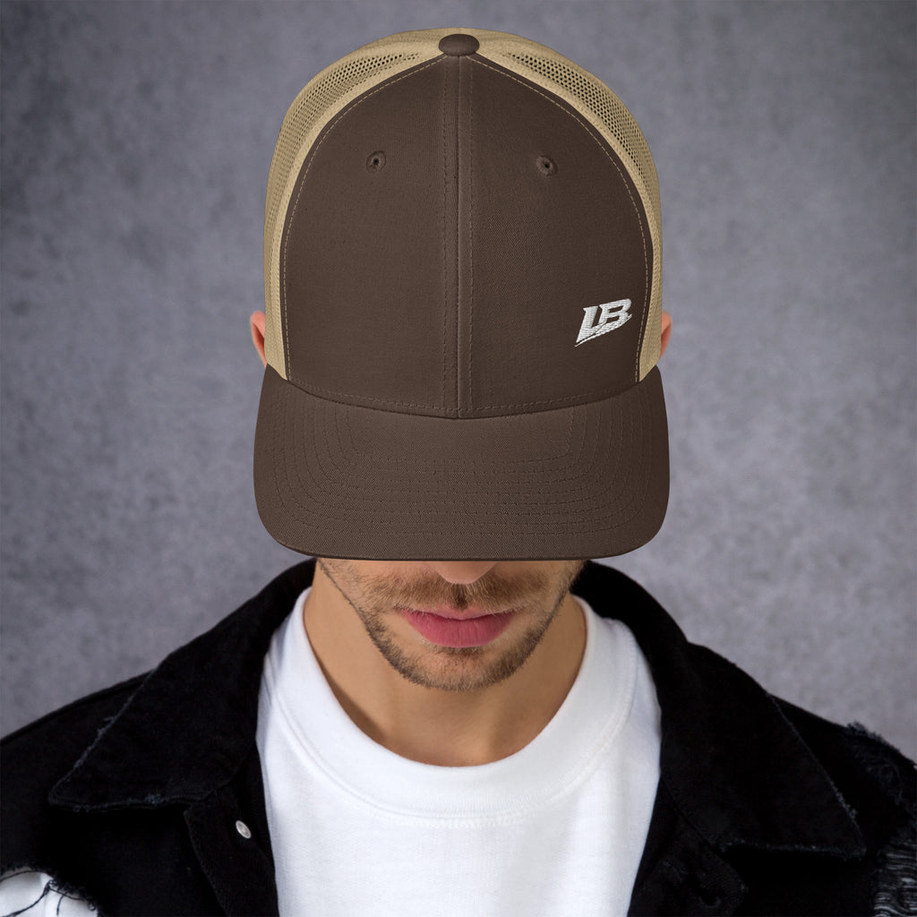 Casquette trucker streetwear unisexe LB marron et kaki, vue de face