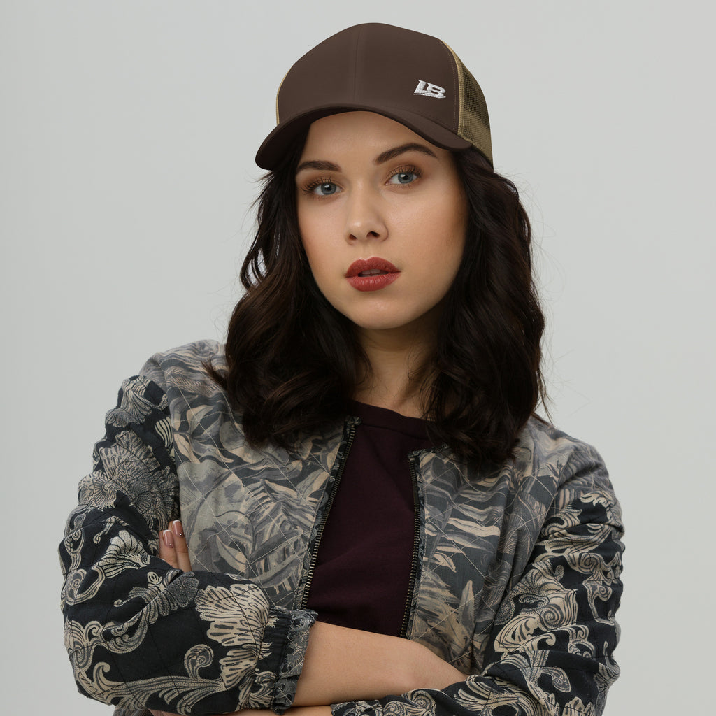 Casquette trucker streetwear unisexe LB marron et kaki, vue de face alternative