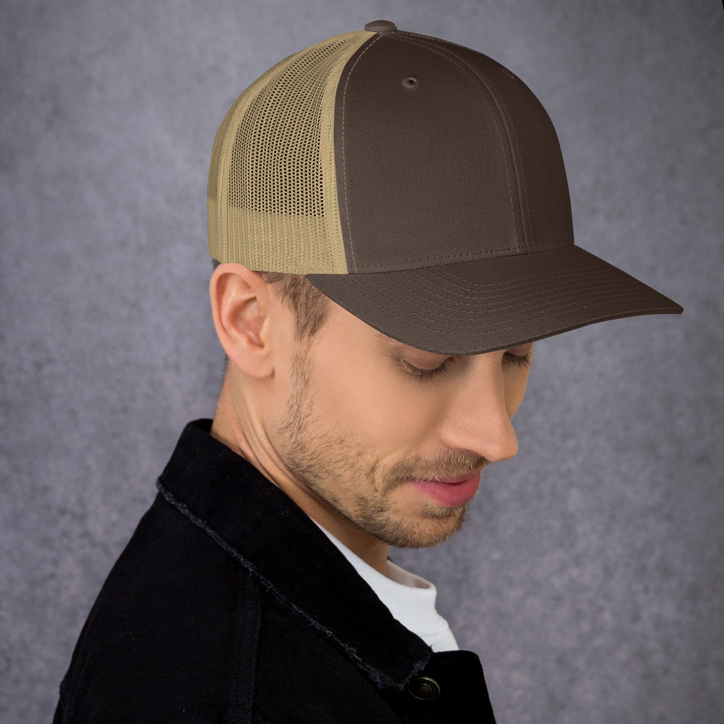 Casquette trucker streetwear unisexe LB marron et kaki, vue de profil droit