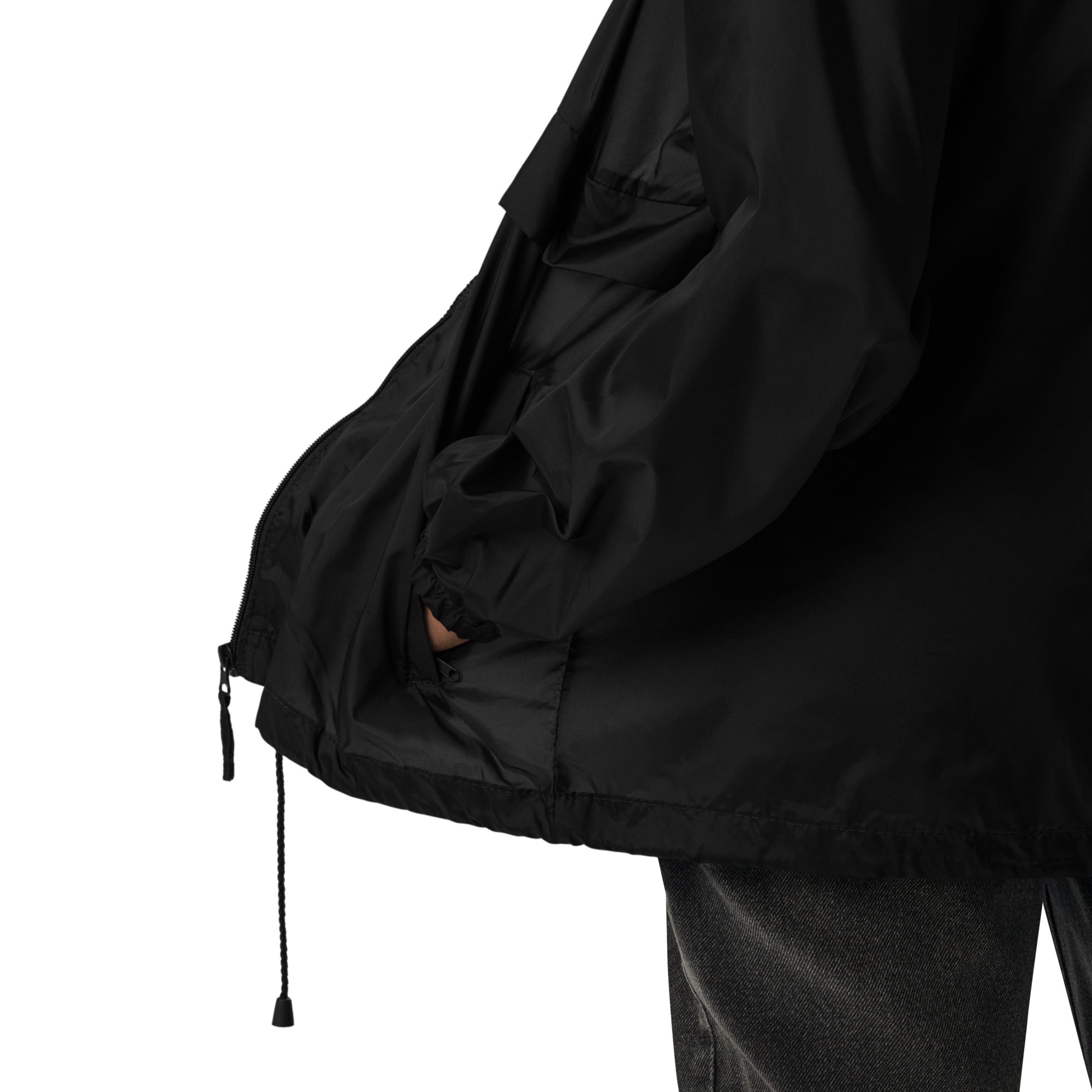 Coupe-vent leger unisexe streetwear LB noir, detail de la poche zippee