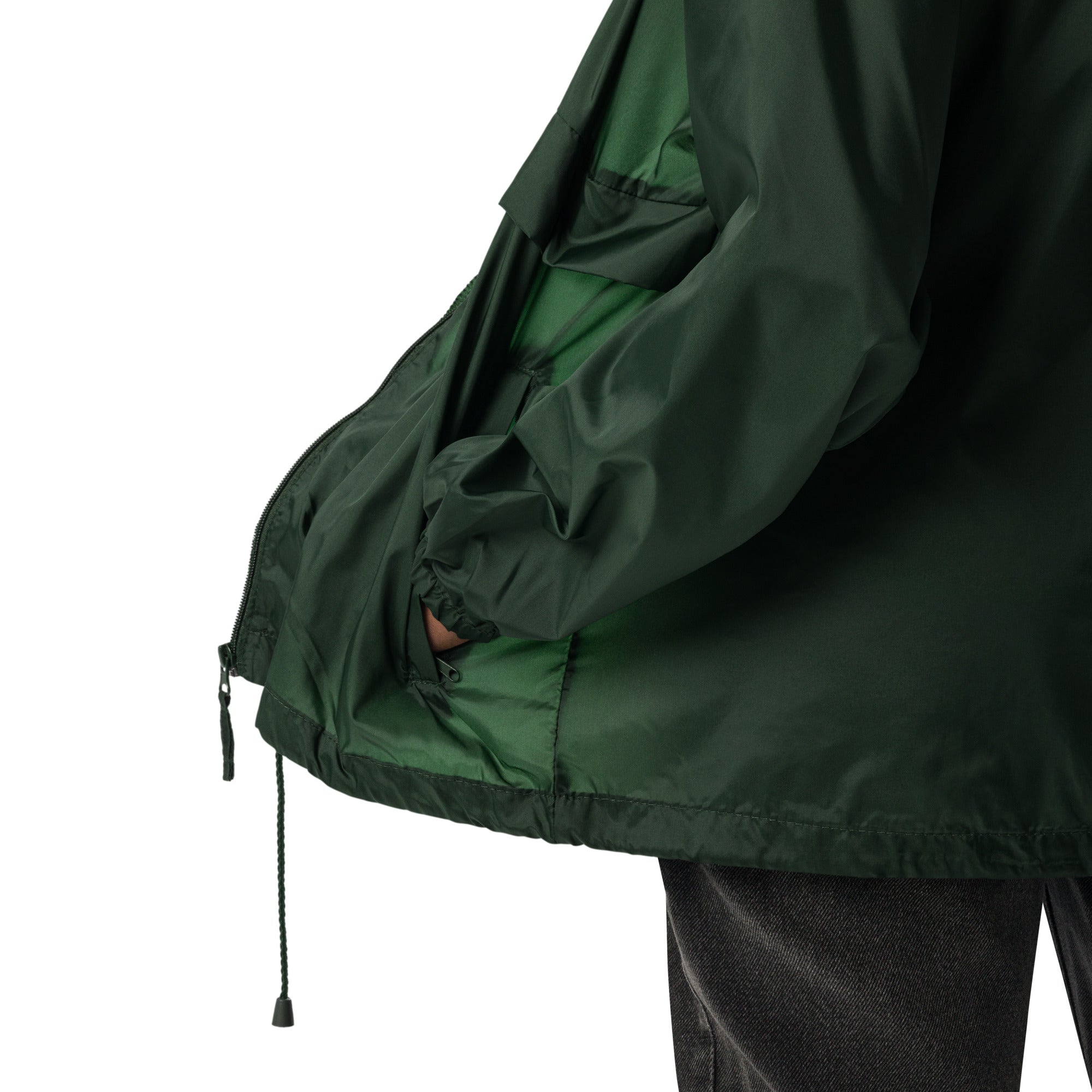 Coupe-vent leger unisexe streetwear LB vert foret, detail de la poche zippee