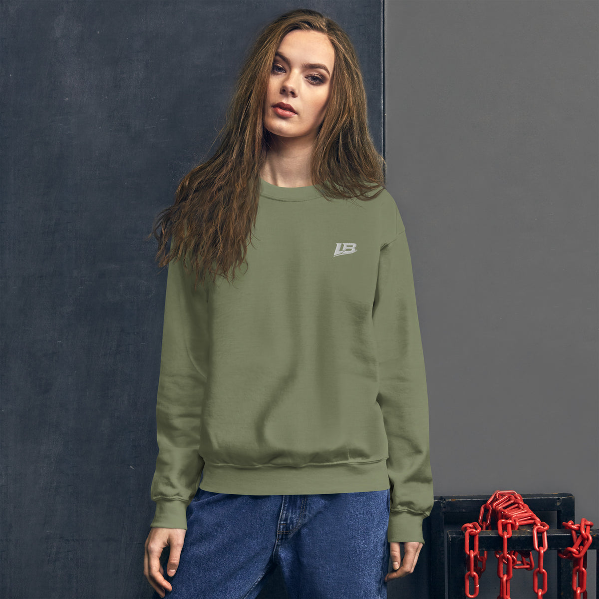 Sweat col rond épais unisexe LB coloris Vert Militaire, vue de face