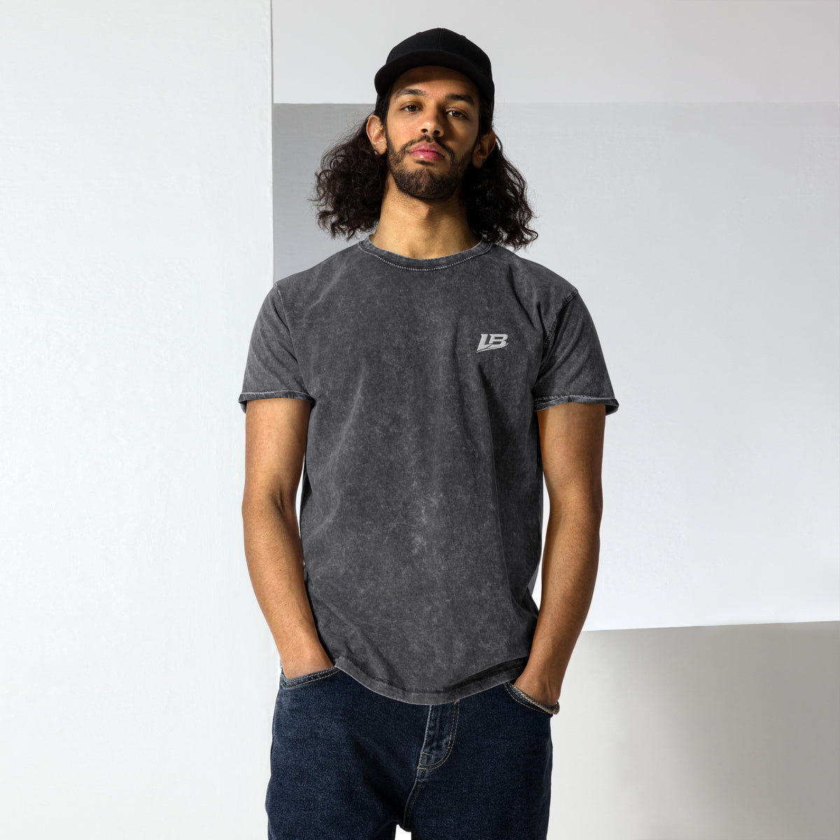 T-shirt denim unisexe streetwear LB, vue de face