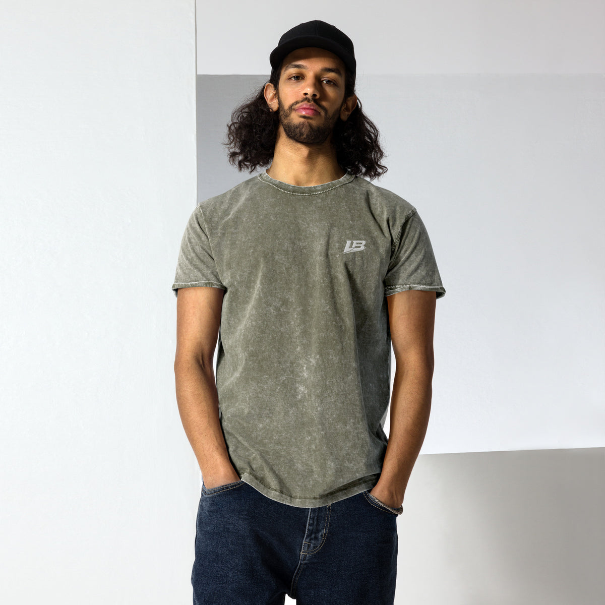 T-shirt denim unisexe streetwear LB coloris dark army green, vue de face
