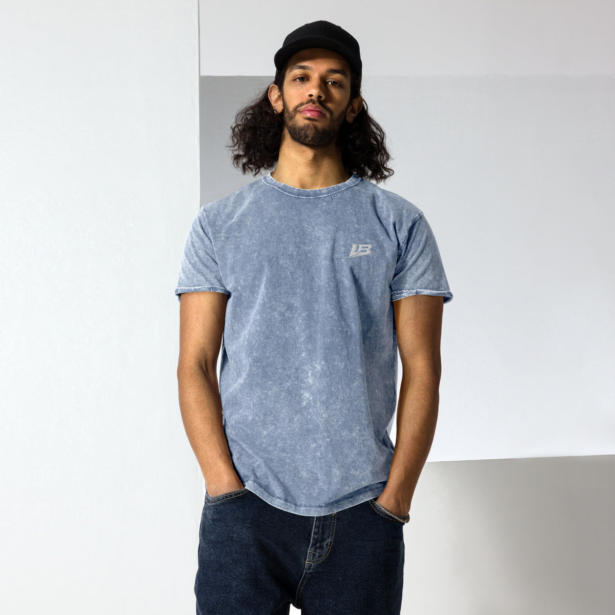 T-shirt denim unisexe streetwear LB coloris denim blue, vue de face