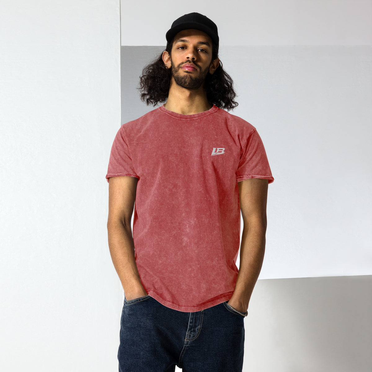 T-shirt denim unisexe streetwear LB coloris garnet red, vue de face