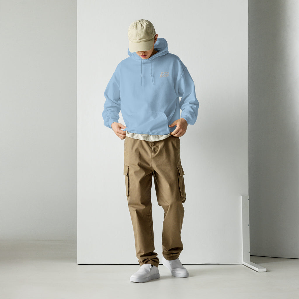 Hoodie oversize unisexe streetwear LB coloris bleu clair, vue de face