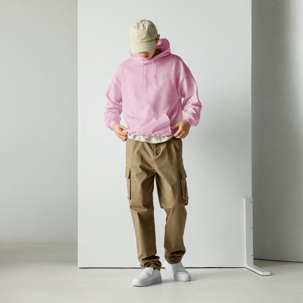 Hoodie oversize unisexe streetwear LB coloris rose clair, vue de face