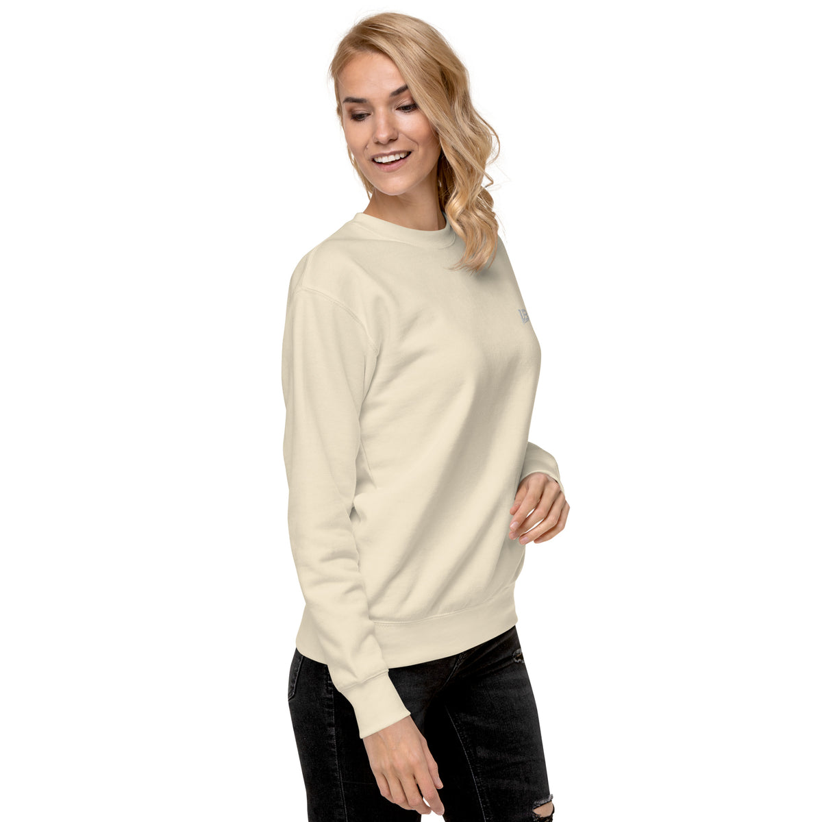 Sweatshirt premium unisexe streetwear LB coloris bone, vue de trois-quarts droit