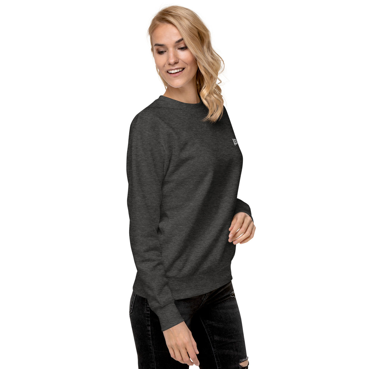 Sweatshirt premium unisexe streetwear LB coloris charcoal heather, vue de trois-quarts droit