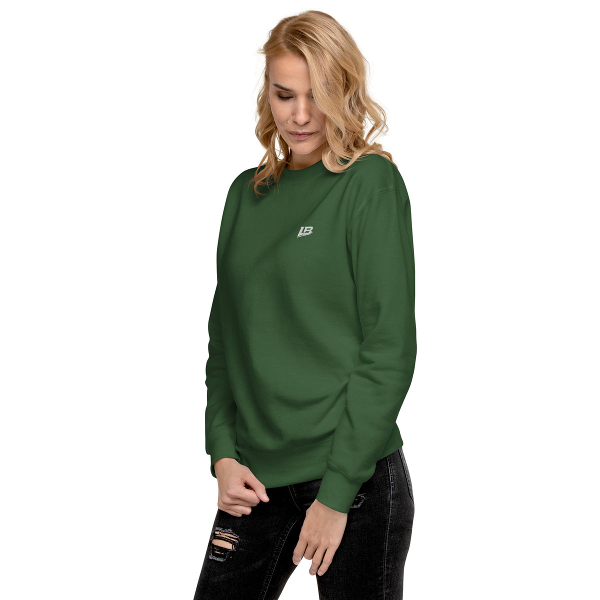 Sweatshirt premium unisexe streetwear LB coloris forest green, vue de trois-quarts gauche