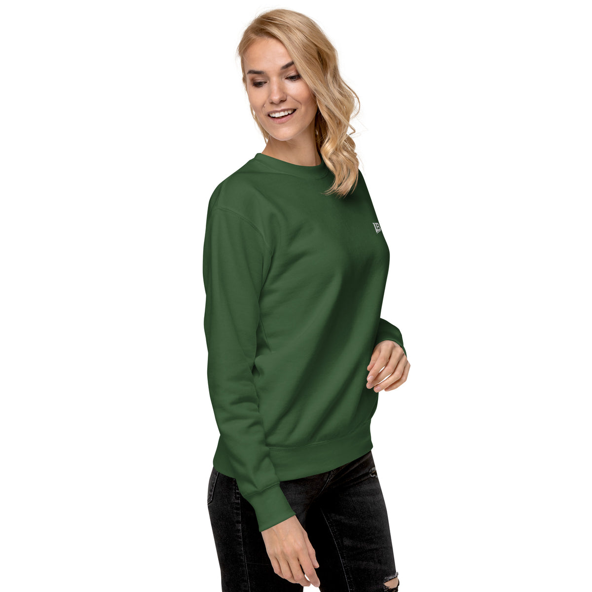 Sweatshirt premium unisexe streetwear LB coloris forest green, vue de trois-quarts droit