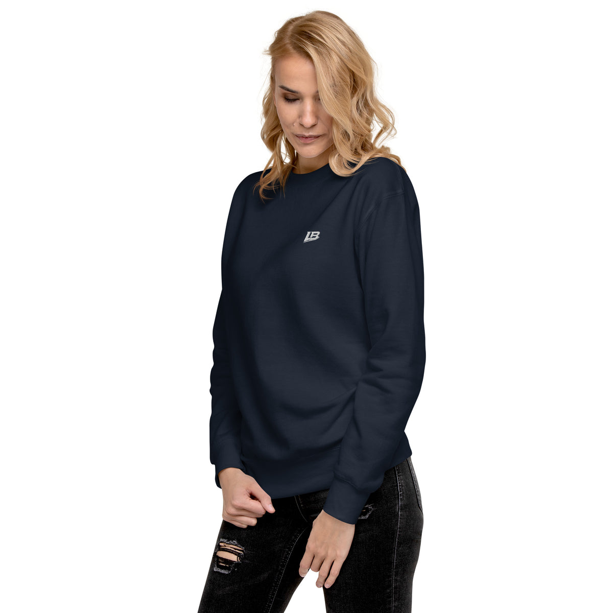 Sweatshirt premium unisexe streetwear LB coloris navy blazer, vue de trois-quarts gauche