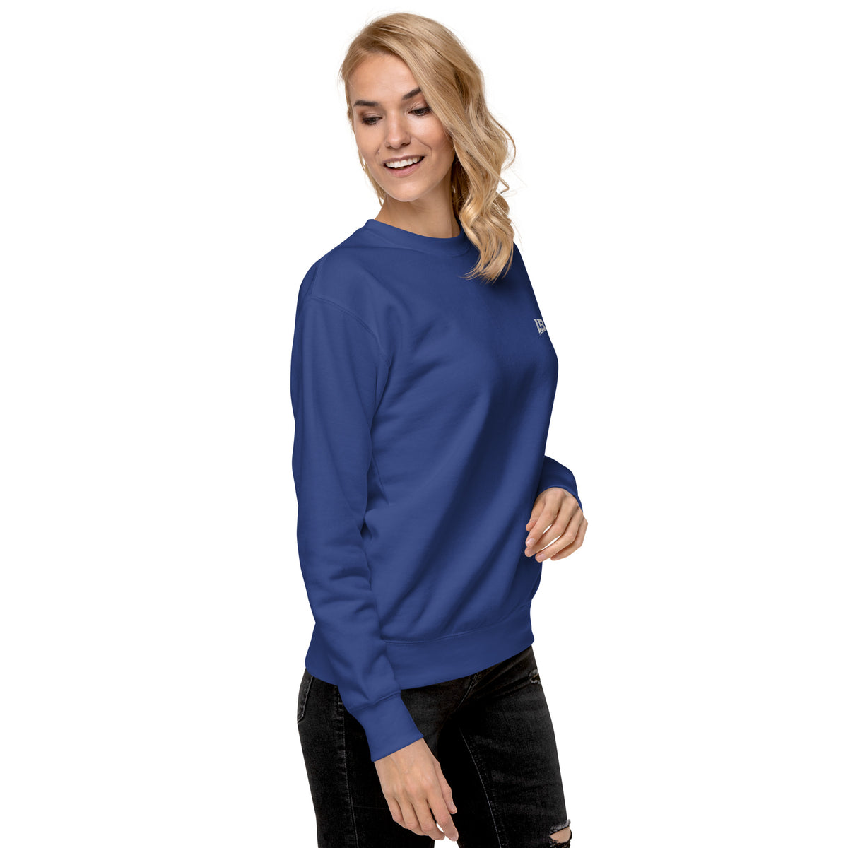 Sweatshirt premium unisexe streetwear LB coloris team royal, vue de trois-quarts droit