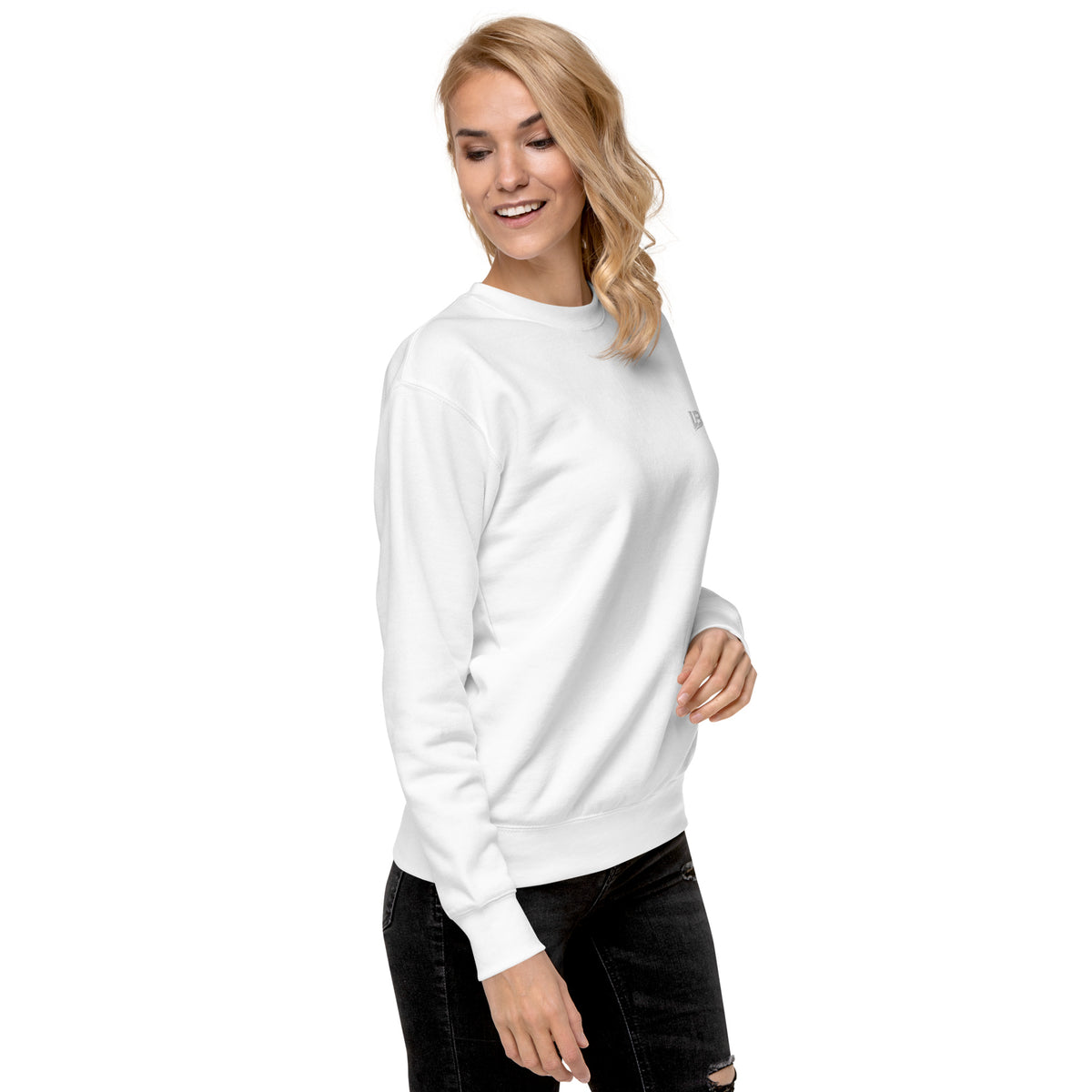 Sweatshirt premium unisexe streetwear LB coloris white, vue de trois-quarts droit