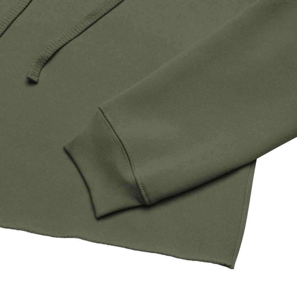Crop hoodie streetwear femme LB vert militaire, detail de la couture